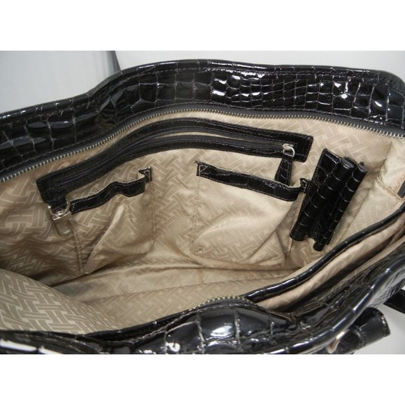 COLE HAAN BLACK Faux CROC PATENT LEATHER LAPTOP SHOULDER TOTE BAG 16"X11"X2.5" - Picture 8 of 13